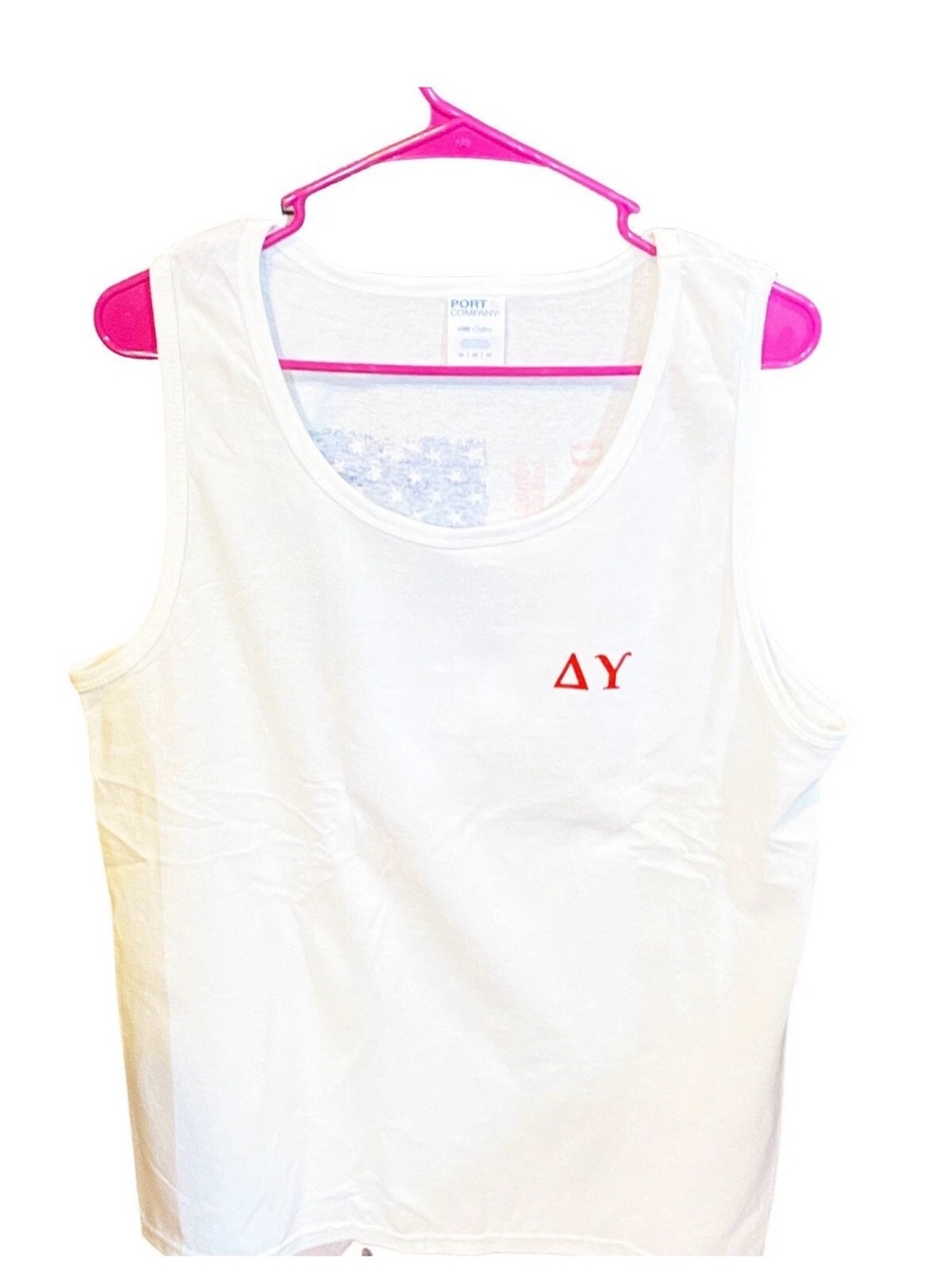 Men's White Tank Top with Small Red Delta Y Logo